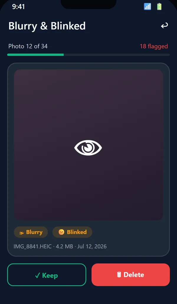 Blurry and closed-eye review with the detection reason shown