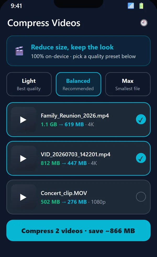 Sweeply video compression quality options and estimated savings