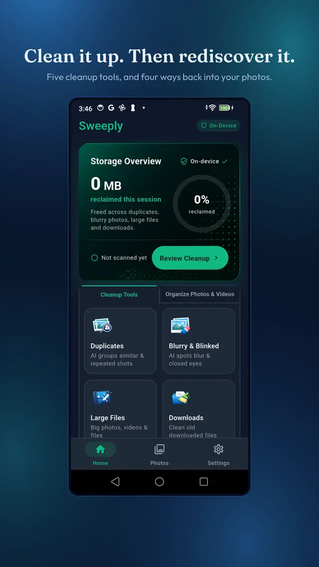 Sweeply dashboard with cleanup and organization tools